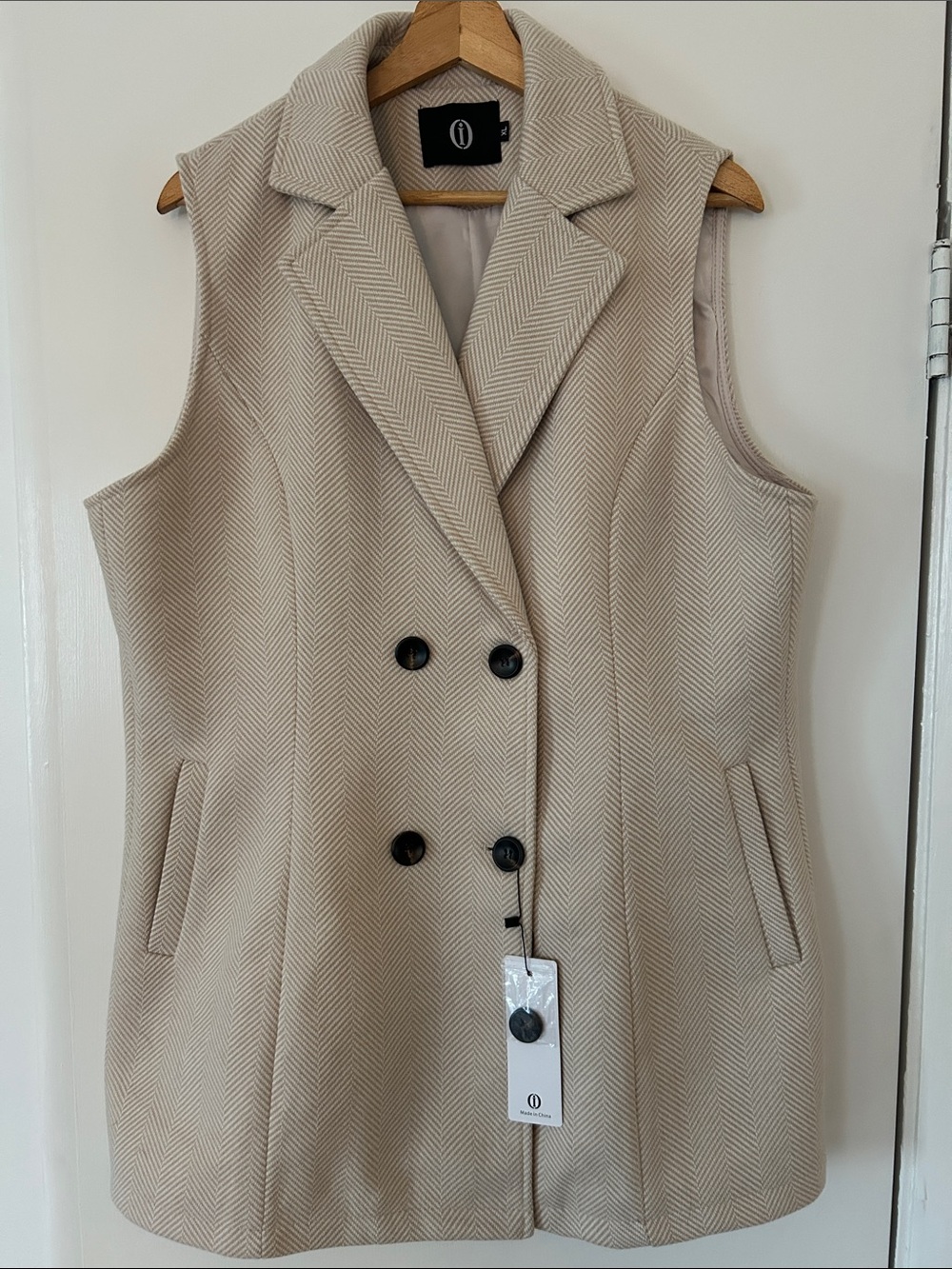 Sleeveless Double-Breasted Wool-Blend Vest in Light Beige